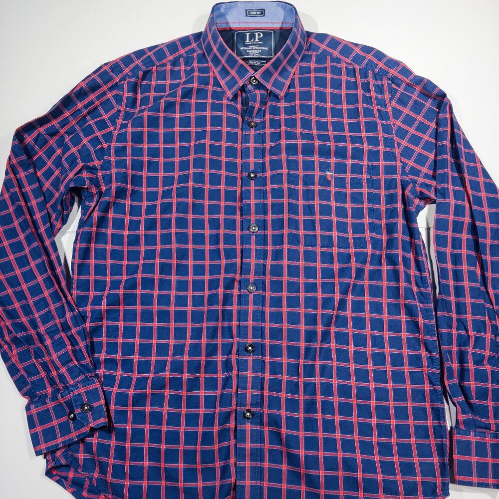 Louis Philippe Men's Button-down Slim Shirt Blue Red Plaid - Size Medium